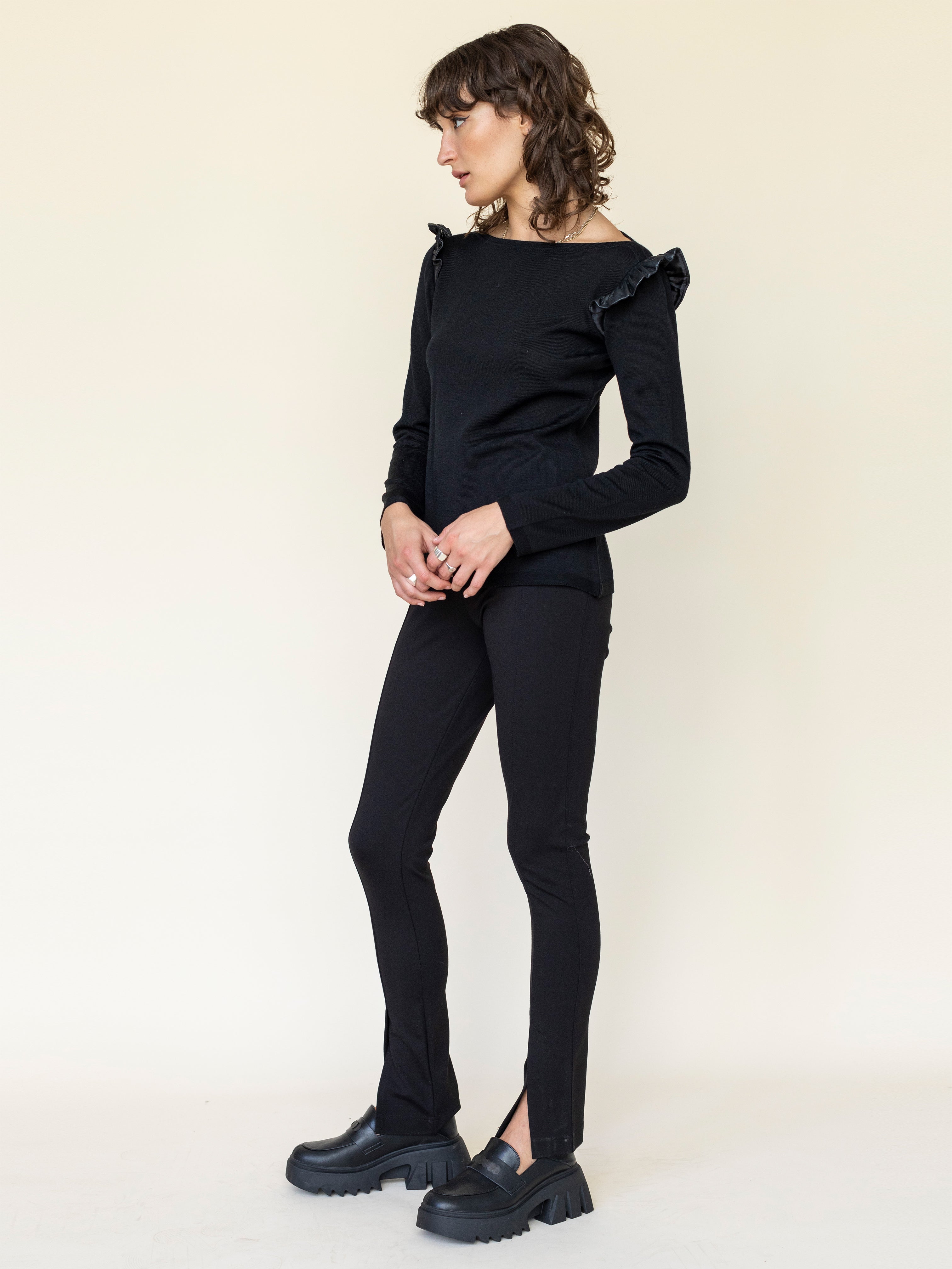 Knit Top with Leather Ruffle Trim