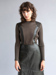 Rib Knit Top with Leather Trim