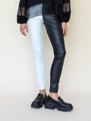 Monochrome Leather Front Paneled Pants in Black and White Blocking