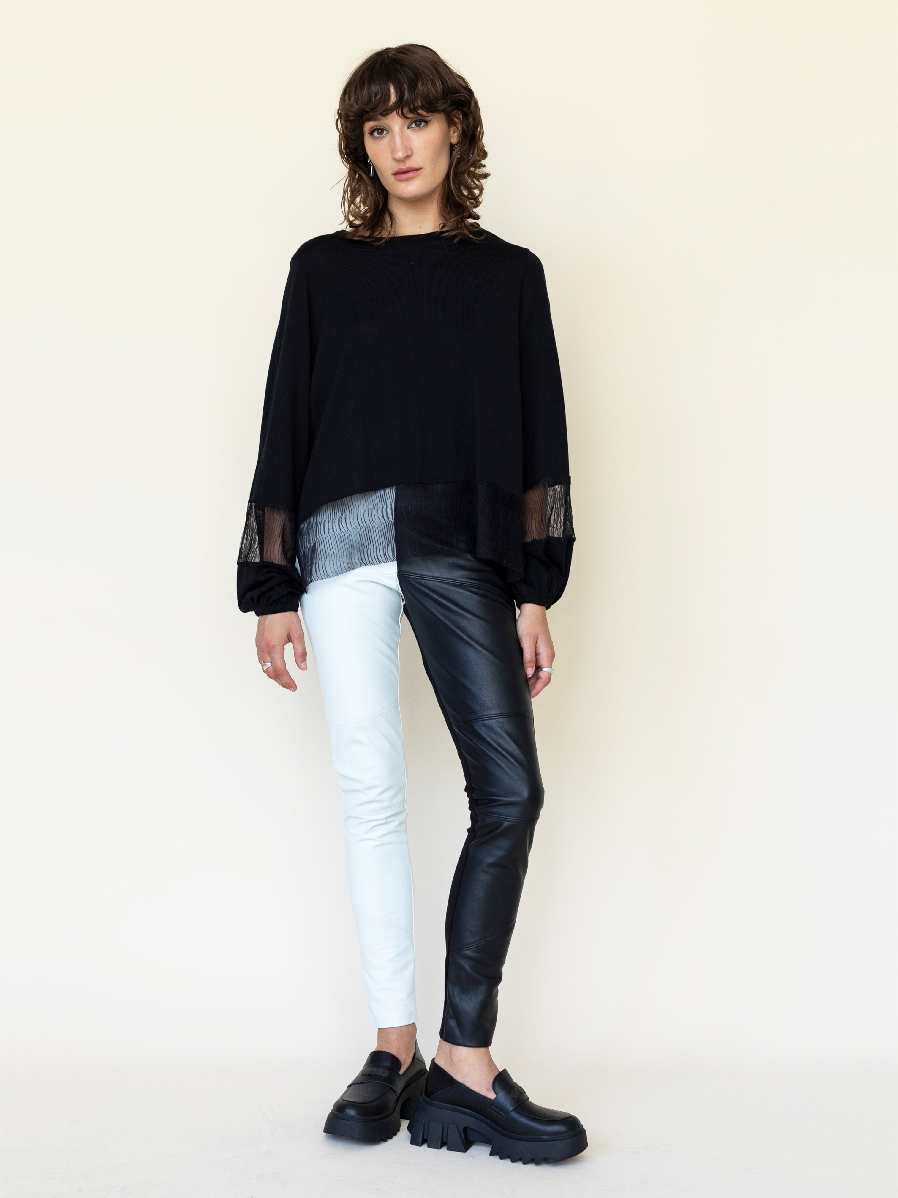 Monochrome Leather Front Paneled Pants in Black and White Blocking