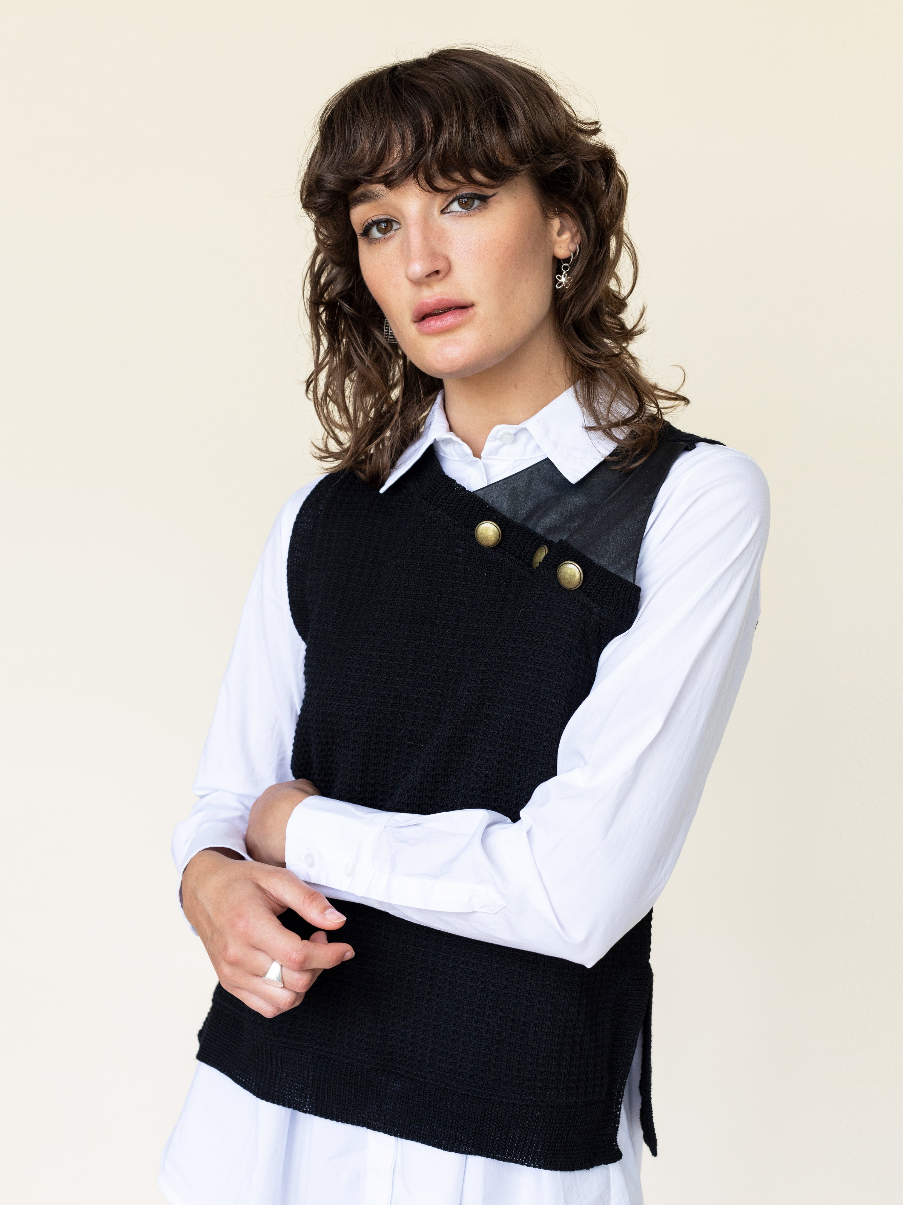 Waffle Knit Vest with Leather Trim