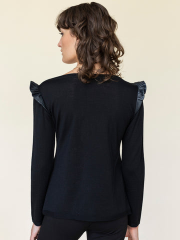 Knit Top with Leather Ruffle Trim