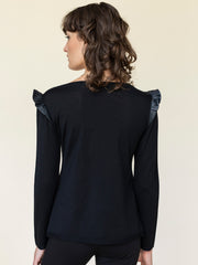 Knit Top with Leather Ruffle Trim